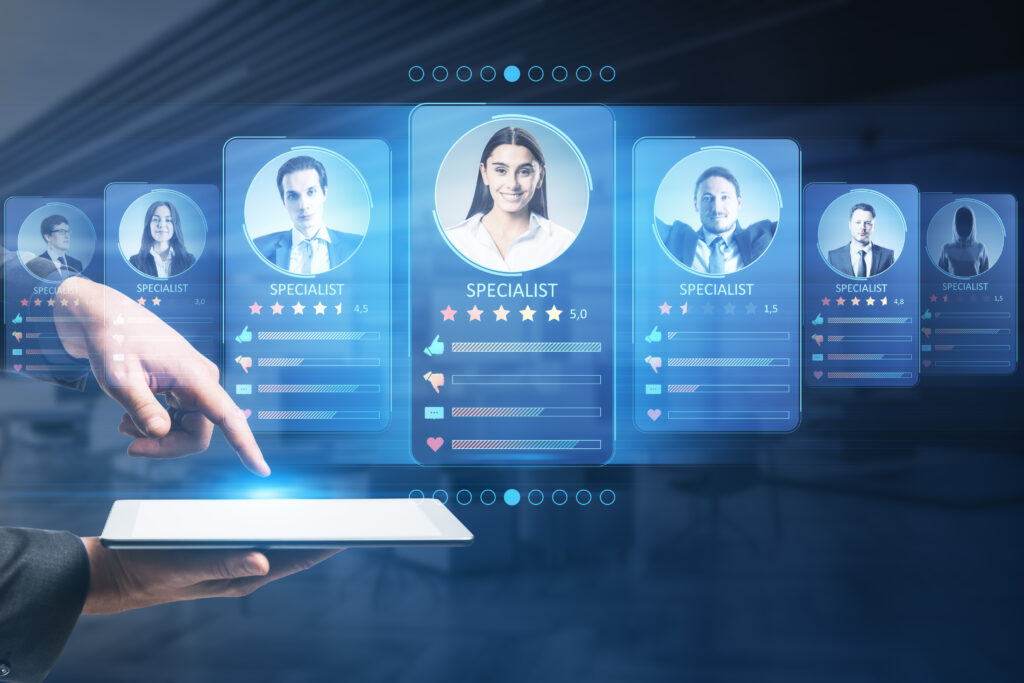 Human resource management concept. CV online to choose the perfect employee for business. Modern technologies for simplifying the human resources system. HR (human resources) technology. Businessman holding smartphone with hologram on blue background. Double exposure