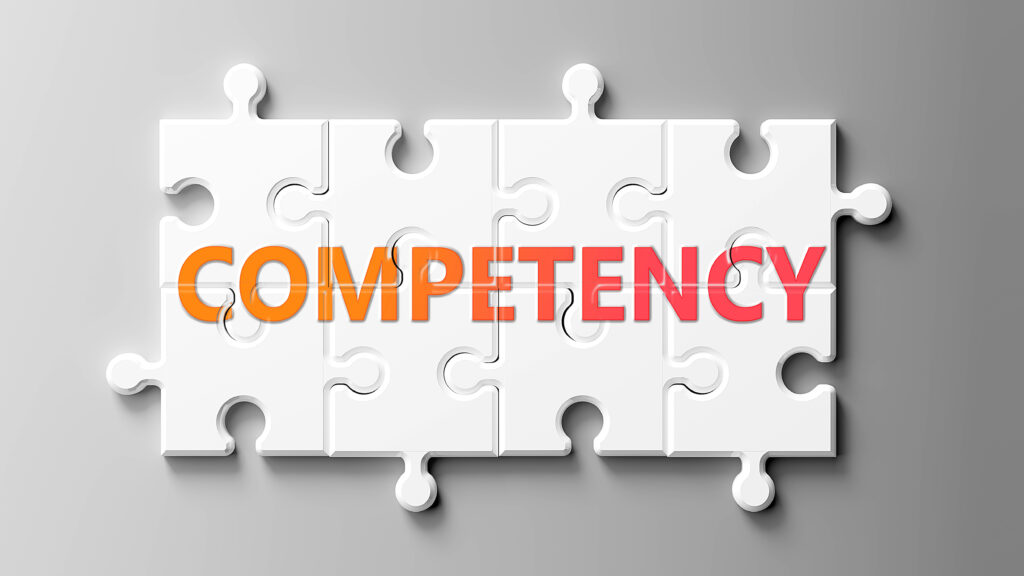 Competency complex like a puzzle - pictured as word Competency on a puzzle pieces to show that Competency can be difficult and needs cooperating pieces that fit together, 3d illustration